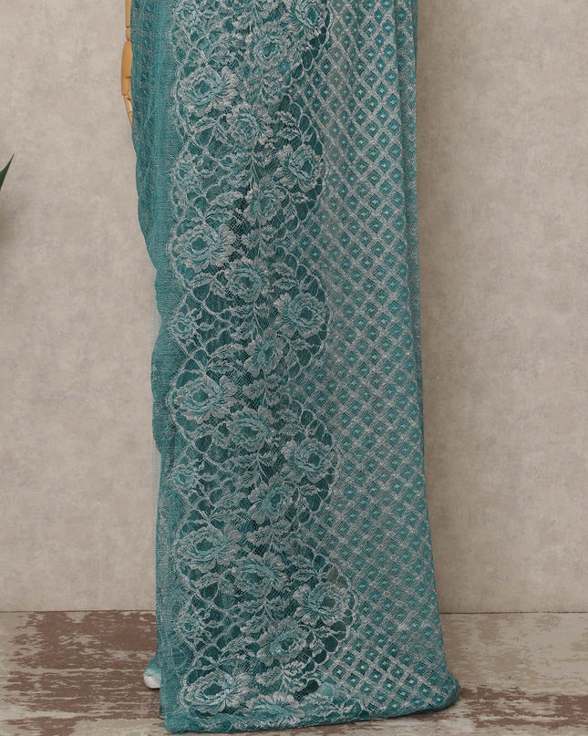 Turquoise Blue Premium French Metallic Chantilly Saree Lace Fabric 110 Cms Width 5.5 Meters Piece Elegant Floral Net Lace From France For Designer Sarees And Couture Draping-D27676 - Regal Fabrics