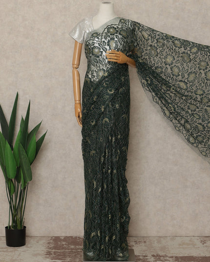 Emerald Green Premium French Metallic Chantilly Saree Lace Fabric 110 Cms Width 5.5 Meters Piece Elegant Floral Net Lace From France For Designer Sarees And Couture Draping-D27675