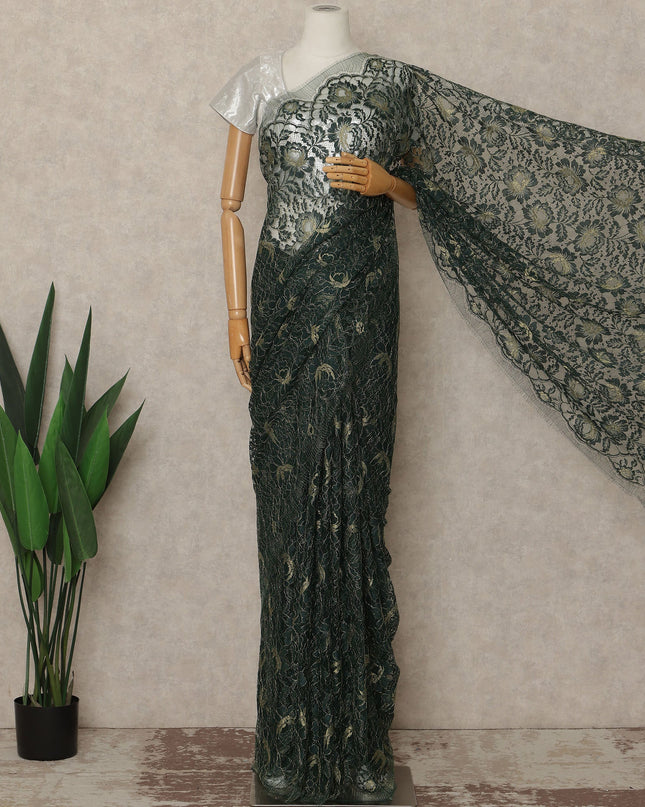 Emerald Green Premium French Metallic Chantilly Saree Lace Fabric 110 Cms Width 5.5 Meters Piece Elegant Floral Net Lace From France For Designer Sarees And Couture Draping-D27675