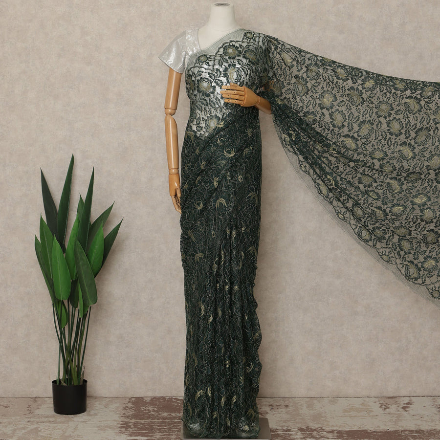 Emerald Green Premium French Metallic Chantilly Saree Lace Fabric 110 Cms Width 5.5 Meters Piece Elegant Floral Net Lace From France For Designer Sarees And Couture Draping-D27675