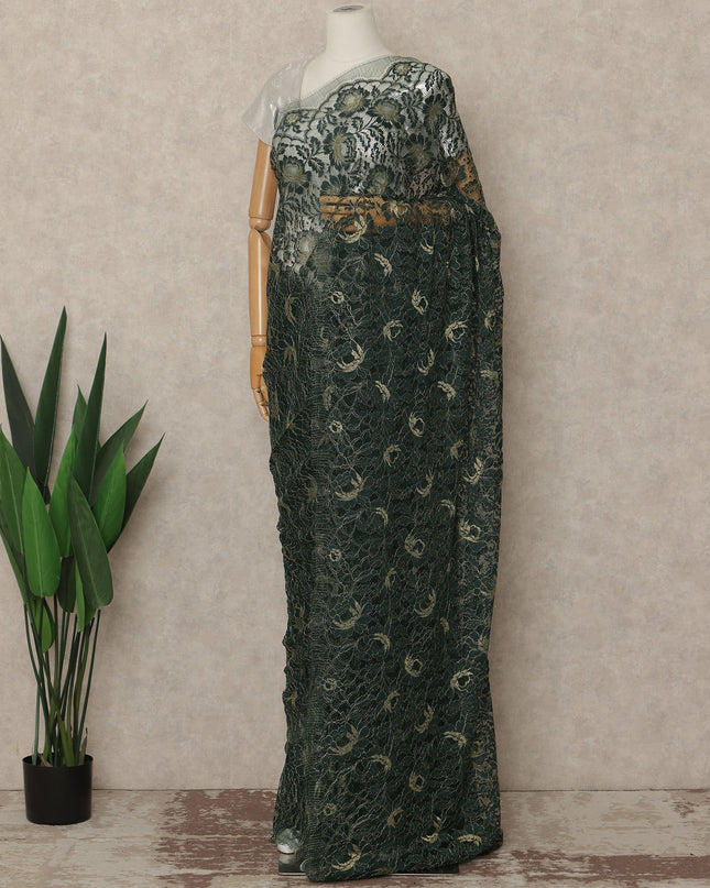 Emerald Green Premium French Metallic Chantilly Saree Lace Fabric 110 Cms Width 5.5 Meters Piece Elegant Floral Net Lace From France For Designer Sarees And Couture Draping-D27675