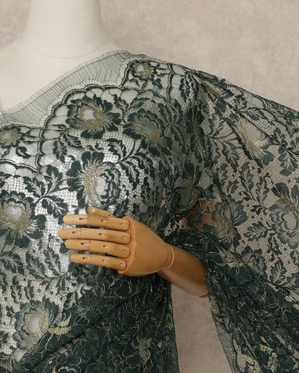 Emerald Green Premium French Metallic Chantilly Saree Lace Fabric 110 Cms Width 5.5 Meters Piece Elegant Floral Net Lace From France For Designer Sarees And Couture Draping-D27675