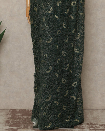 Emerald Green Premium French Metallic Chantilly Saree Lace Fabric 110 Cms Width 5.5 Meters Piece Elegant Floral Net Lace From France For Designer Sarees And Couture Draping-D27675