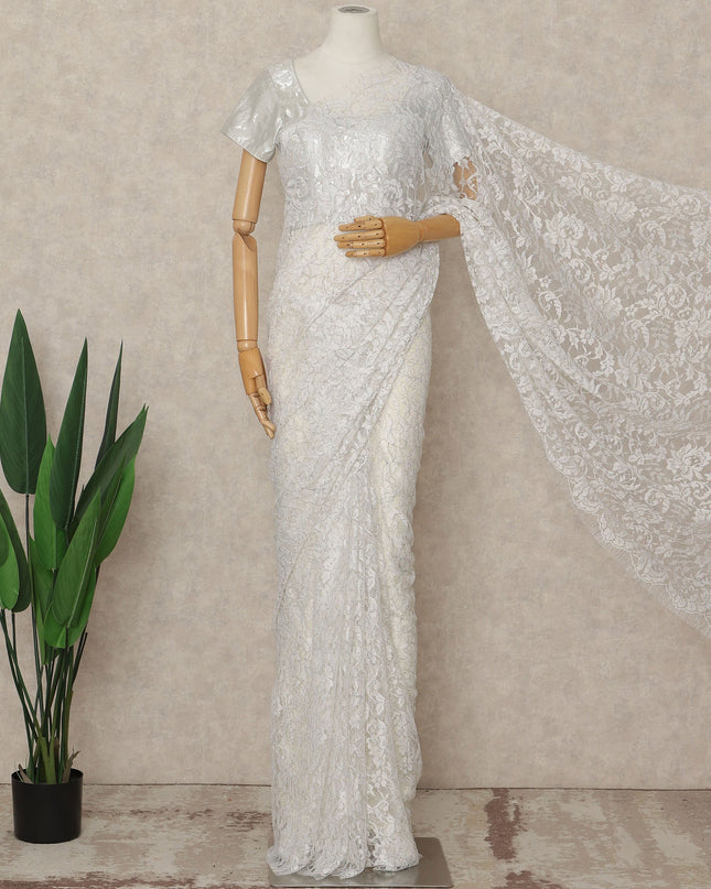 Ivory White French Multitone Chantilly Lace Saree