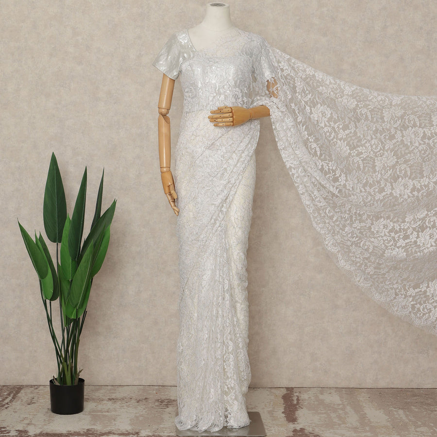 Ivory White French Multitone Chantilly Lace Saree