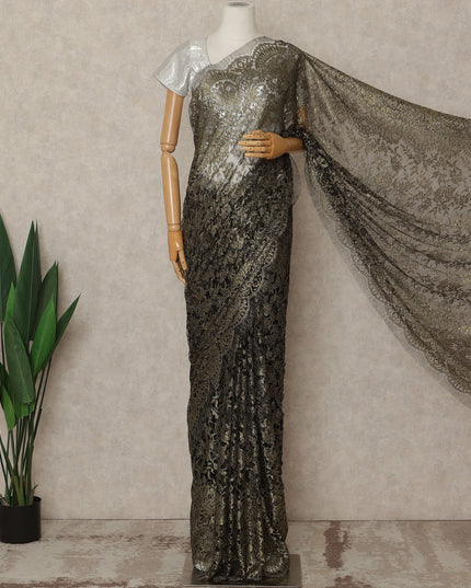 Black And Antique Gold Premium French Metallic Chantilly Saree Lace 5.5 Mtrs 110 Cms Width France-D27769