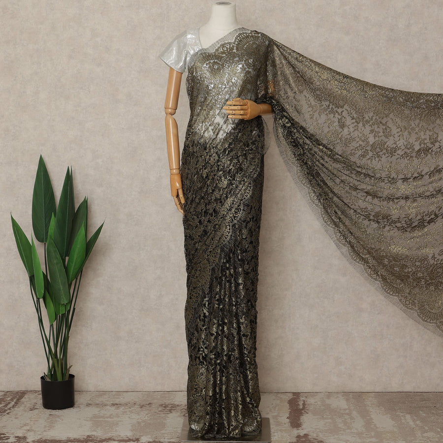 Black And Antique Gold Premium French Metallic Chantilly Saree Lace 5.5 Mtrs 110 Cms Width France-D27769