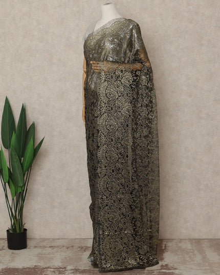 Black And Antique Gold Premium French Metallic Chantilly Saree Lace 5.5 Mtrs 110 Cms Width France-D27769