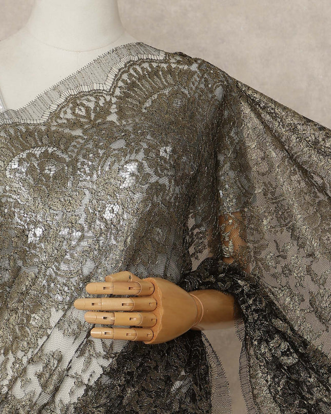 Black And Antique Gold Premium French Metallic Chantilly Saree Lace 5.5 Mtrs 110 Cms Width France-D27769