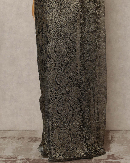 Black And Antique Gold Premium French Metallic Chantilly Saree Lace 5.5 Mtrs 110 Cms Width France-D27769