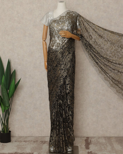 Black And Antique Gold Premium French Metallic Chantilly Saree Lace 5.5 Mtrs 110 Cms Width France-D27768