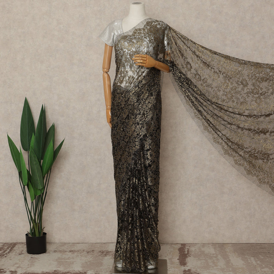 Black And Antique Gold Premium French Metallic Chantilly Saree Lace 5.5 Mtrs 110 Cms Width France-D27768
