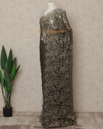 Black And Antique Gold Premium French Metallic Chantilly Saree Lace 5.5 Mtrs 110 Cms Width France-D27768