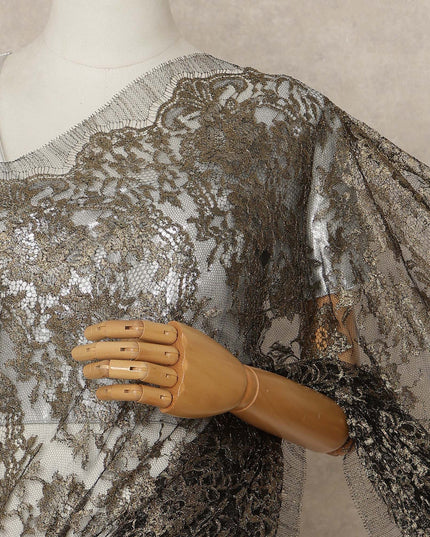 Black And Antique Gold Premium French Metallic Chantilly Saree Lace 5.5 Mtrs 110 Cms Width France-D27768