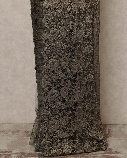 Black And Antique Gold Premium French Metallic Chantilly Saree Lace 5.5 Mtrs 110 Cms Width France-D27768