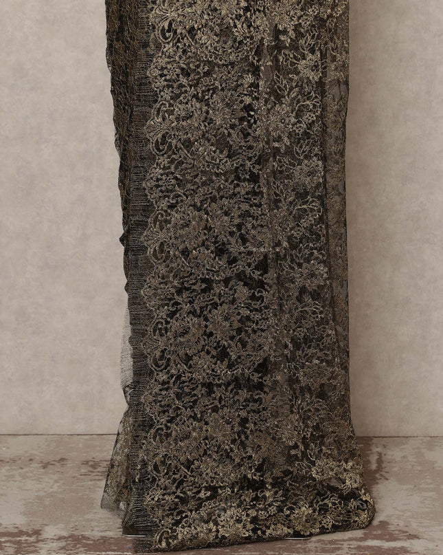 Black And Antique Gold Premium French Metallic Chantilly Saree Lace 5.5 Mtrs 110 Cms Width France-D27768