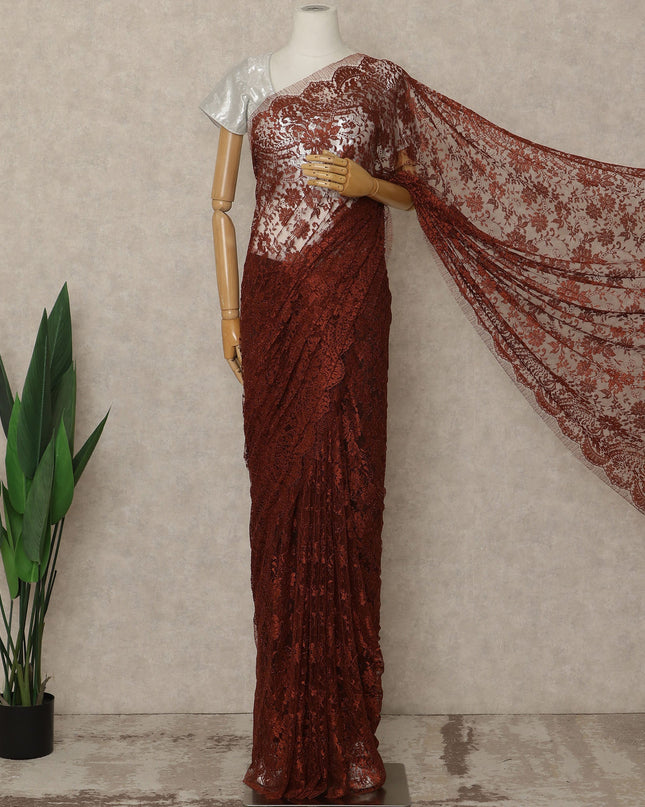 Rust Red Premium French Metallic Chantilly Saree Lace Fabric 5.5 Mtrs Length 110 Cms Width Floral Designer Net Drape Material Made In France, Blouse Not Included-D28099