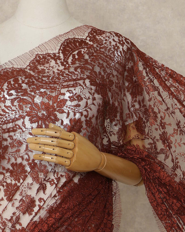 Rust Red Premium French Metallic Chantilly Saree Lace Fabric 5.5 Mtrs Length 110 Cms Width Floral Designer Net Drape Material Made In France, Blouse Not Included-D28099