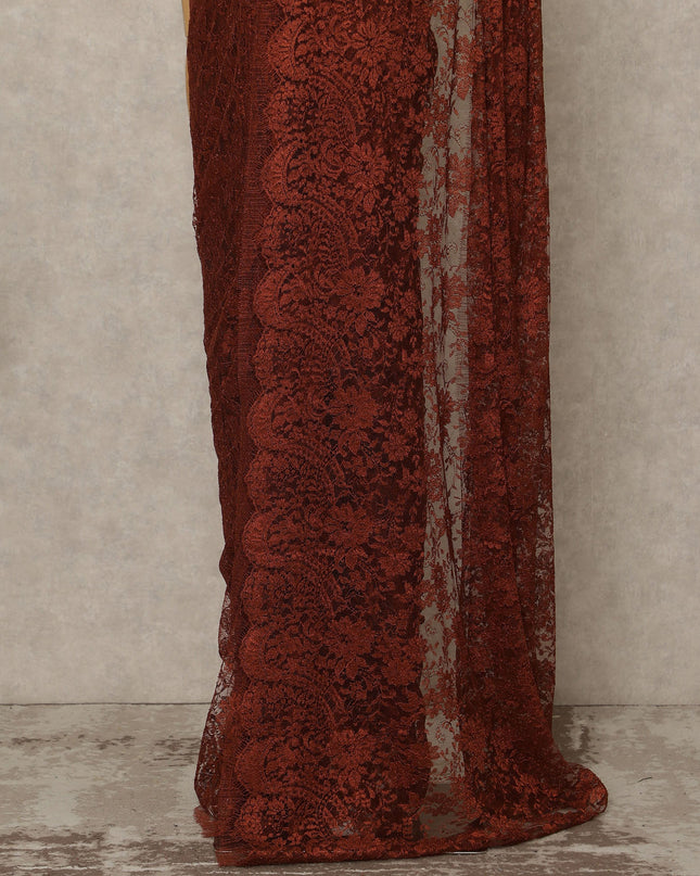 Rust Red Premium French Metallic Chantilly Saree Lace Fabric 5.5 Mtrs Length 110 Cms Width Floral Designer Net Drape Material Made In France, Blouse Not Included-D28099