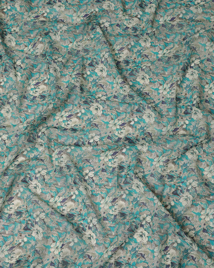 Turquoise Grey Floral Traditional Sudanese Thobe Pure Cotton Voile 4.5 Mtrs Width 140 Cms India-D27808