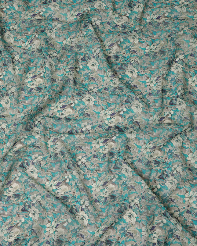Turquoise Grey Floral Traditional Sudanese Thobe Pure Cotton Voile 4.5 Mtrs Width 140 Cms India-D27808