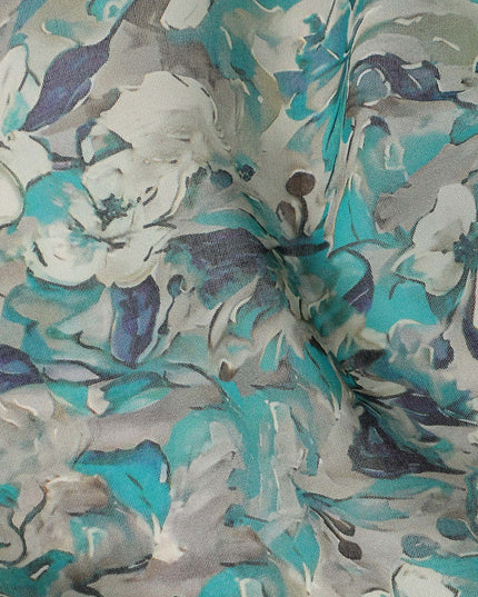 Turquoise Grey Floral Traditional Sudanese Thobe Pure Cotton Voile 4.5 Mtrs Width 140 Cms India-D27808