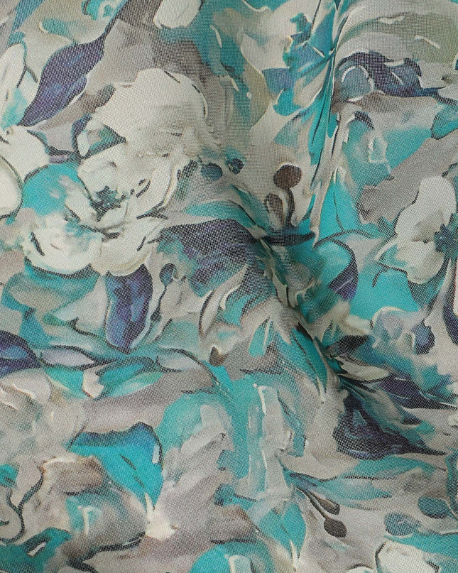 Turquoise Grey Floral Traditional Sudanese Thobe Pure Cotton Voile 4.5 Mtrs Width 140 Cms India-D27808