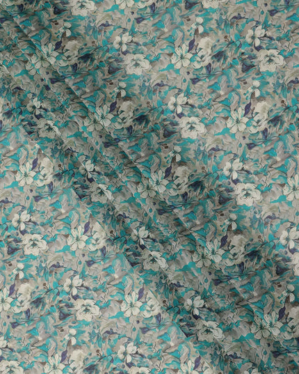 Turquoise Grey Floral Traditional Sudanese Thobe Pure Cotton Voile 4.5 Mtrs Width 140 Cms India-D27808