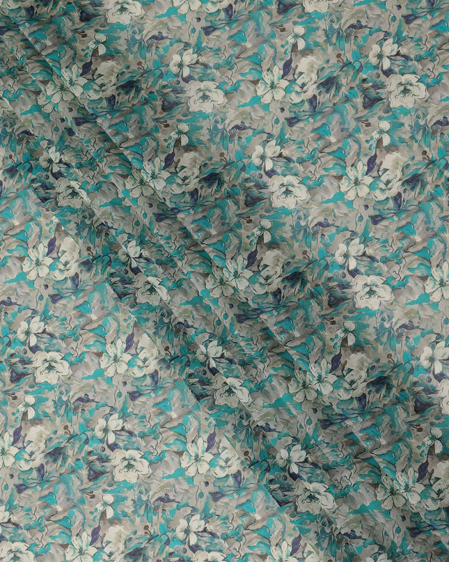 Turquoise Grey Floral Traditional Sudanese Thobe Pure Cotton Voile 4.5 Mtrs Width 140 Cms India-D27808