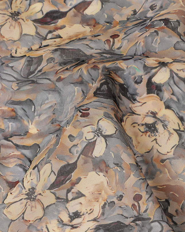 Grey Beige Floral Traditional Sudanese Thobe Pure Cotton Voile 4.5 Mtrs Width 140 Cms India-D27809