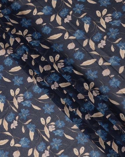Navy Blue Floral Traditional Sudanese Thobe Pure Cotton Voile 4.5 Mtrs Width 140 Cms India-D27815
