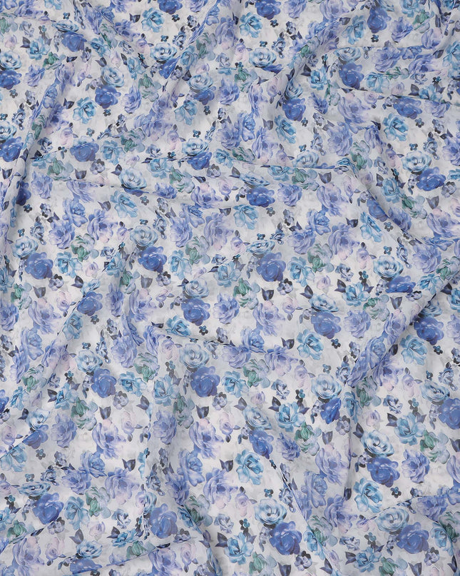 White Blue Floral Traditional Sudanese Thobe Pure Cotton Voile 4.5 Mtrs Width 140 Cms India-D27803
