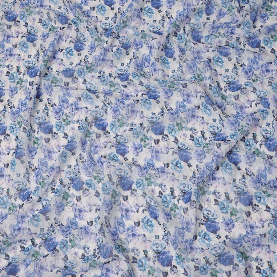White Blue Floral Traditional Sudanese Thobe Pure Cotton Voile 4.5 Mtrs Width 140 Cms India-D27803