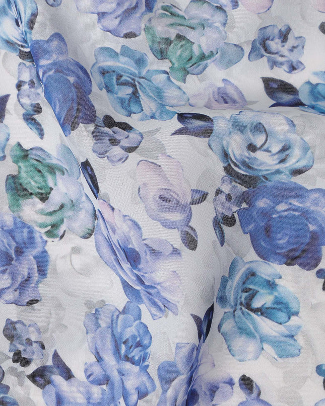 White Blue Floral Traditional Sudanese Thobe Pure Cotton Voile 4.5 Mtrs Width 140 Cms India-D27803