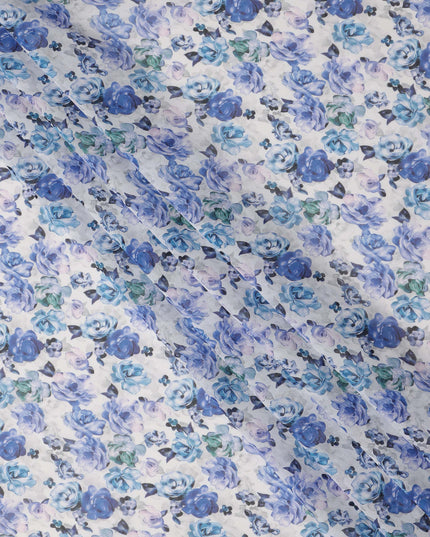White Blue Floral Traditional Sudanese Thobe Pure Cotton Voile 4.5 Mtrs Width 140 Cms India-D27803