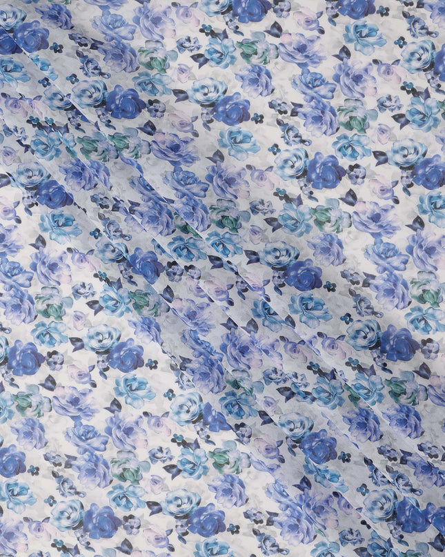White Blue Floral Traditional Sudanese Thobe Pure Cotton Voile 4.5 Mtrs Width 140 Cms India-D27803