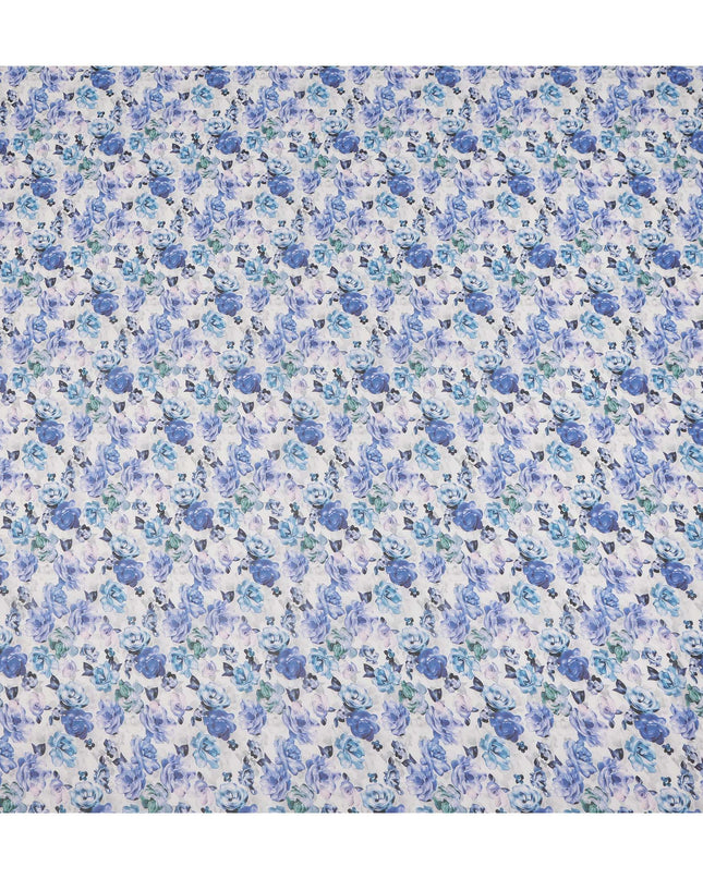 White Blue Floral Traditional Sudanese Thobe Pure Cotton Voile 4.5 Mtrs Width 140 Cms India-D27803