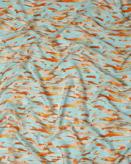 Sky Blue Abstract Brush Printed Viscose Modal Satin Fabric Multitone Orange Brown Streak Design Soft Flowing Dress Material 110 Cms Width India-D28016