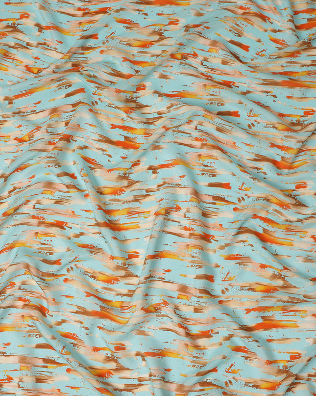 Sky Blue Abstract Brush Printed Viscose Modal Satin Fabric Multitone Orange Brown Streak Design Soft Flowing Dress Material 110 Cms Width India-D28016