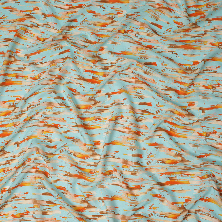 Sky Blue Abstract Brush Printed Viscose Modal Satin Fabric Multitone Orange Brown Streak Design Soft Flowing Dress Material 110 Cms Width India-D28016