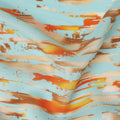 Sky Blue Abstract Brush Printed Viscose Modal Satin Fabric Multitone Orange Brown Streak Design Soft Flowing Dress Material 110 Cms Width India-D28016