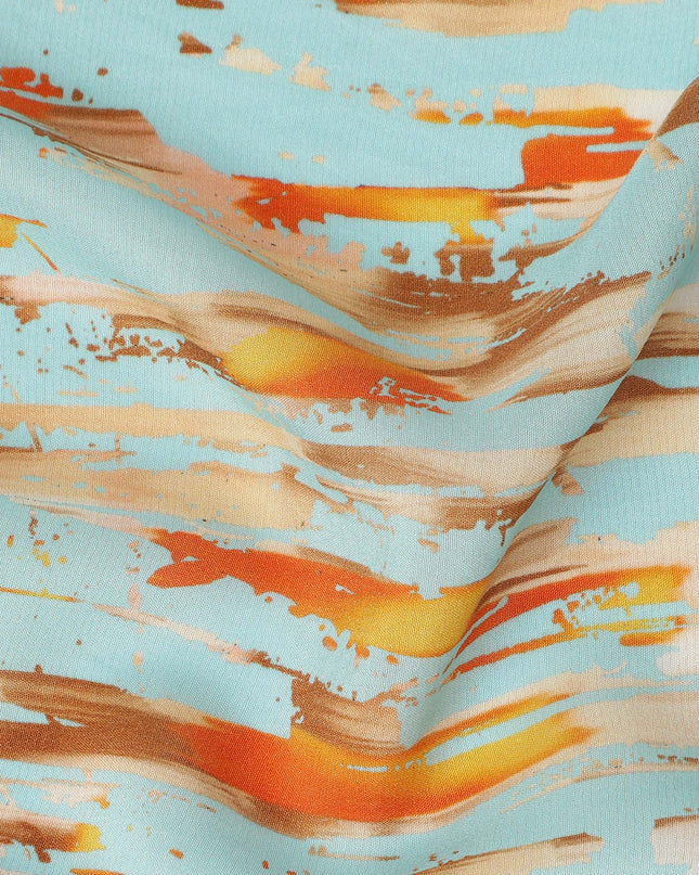 Sky Blue Abstract Brush Printed Viscose Modal Satin Fabric Multitone Orange Brown Streak Design Soft Flowing Dress Material 110 Cms Width India-D28016