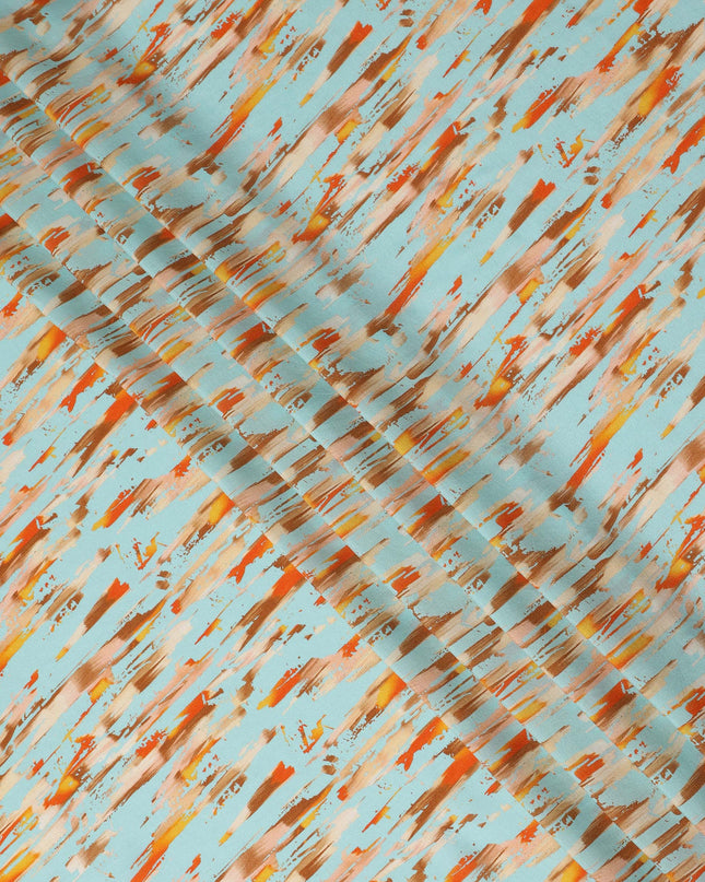 Sky Blue Abstract Brush Printed Viscose Modal Satin Fabric Multitone Orange Brown Streak Design Soft Flowing Dress Material 110 Cms Width India-D28016