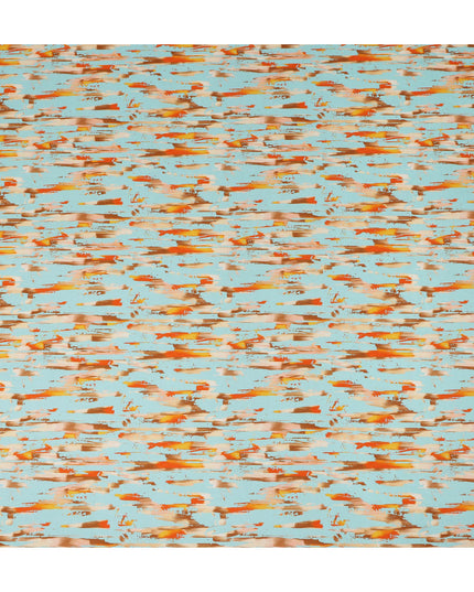 Sky Blue Abstract Brush Printed Viscose Modal Satin Fabric Multitone Orange Brown Streak Design Soft Flowing Dress Material 110 Cms Width India-D28016