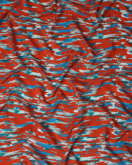 Red Abstract Brush Printed Viscose Modal Satin Fabric Teal Streak Multicolor Design Soft Flowing Dress Material 110 Cms Width India-D28015