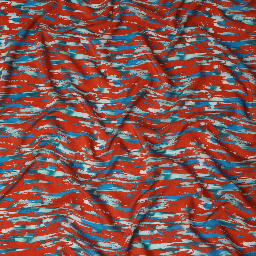 Red Abstract Brush Printed Viscose Modal Satin Fabric Teal Streak Multicolor Design Soft Flowing Dress Material 110 Cms Width India-D28015