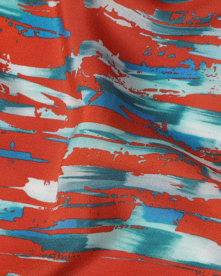 Red Abstract Brush Printed Viscose Modal Satin Fabric Teal Streak Multicolor Design Soft Flowing Dress Material 110 Cms Width India-D28015
