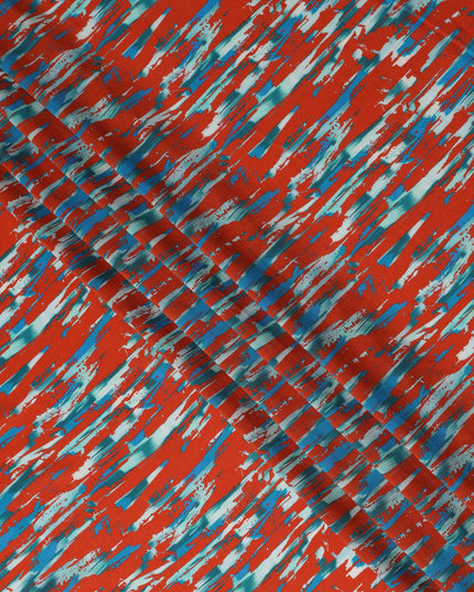 Red Abstract Brush Printed Viscose Modal Satin Fabric Teal Streak Multicolor Design Soft Flowing Dress Material 110 Cms Width India-D28015