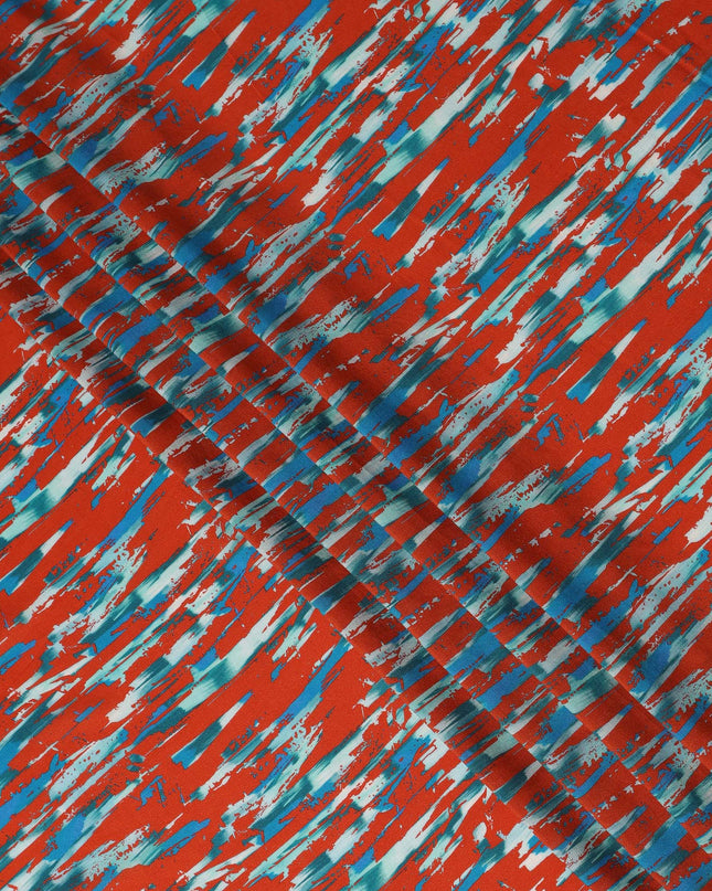 Red Abstract Brush Printed Viscose Modal Satin Fabric Teal Streak Multicolor Design Soft Flowing Dress Material 110 Cms Width India-D28015