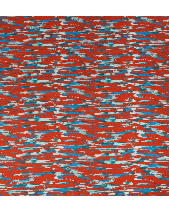 Red Abstract Brush Printed Viscose Modal Satin Fabric Teal Streak Multicolor Design Soft Flowing Dress Material 110 Cms Width India-D28015